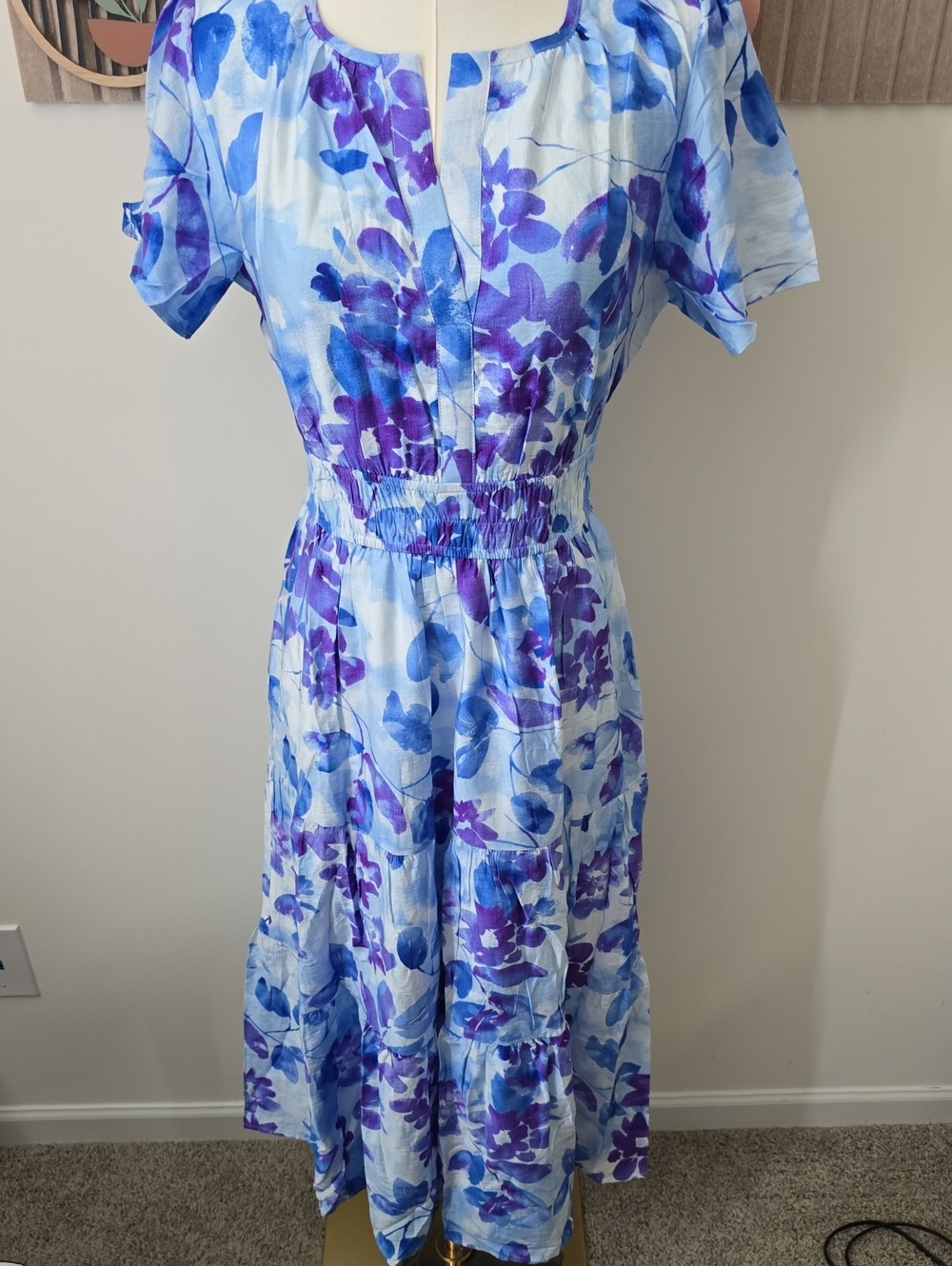 Light Blue & Purple Floral Midi Dress with Smocked Waist